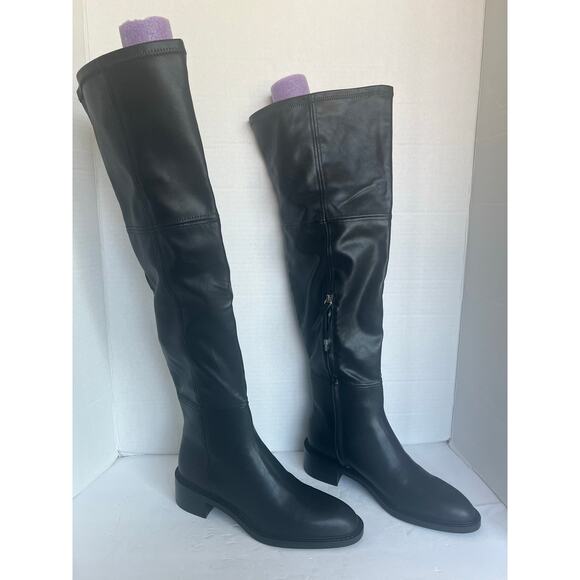 NWT Zara Tall Over The Knee Black Vegan Leather Square Toe Pull On Boots Sz 9 - Picture 3 of 15
